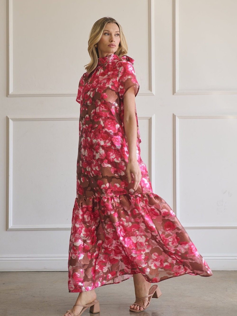Sugarlips Pink Floral High-Neck Maxi Dress